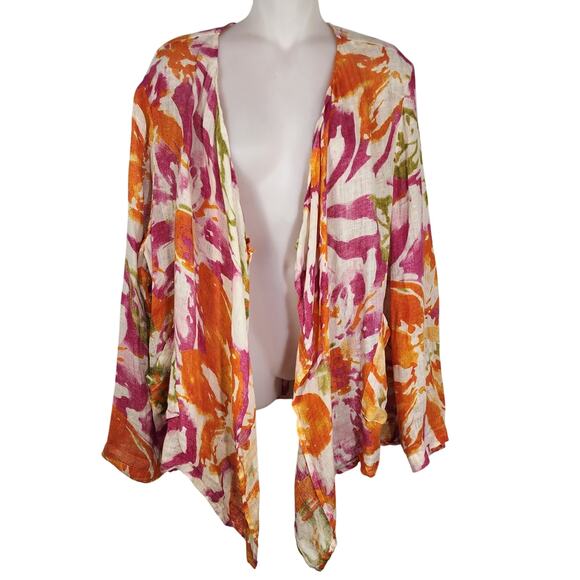 Jones New York Cardigan Womens Large 100% Linen Open Front Floral Watercolor Art - Picture 1 of 12